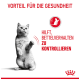 Eine graue Katze, die auf ihren Hinterbeinen steht, mit dem Text 'VORTEIL FÜR DIE GESUNDHEIT HILFT, BETTELVERHALTEN ZU KONTROLLIEREN' in Rot.