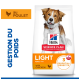 Sac Hill's Science Plan LIGHT pour chiens Adult 1–6 au poulet ; image de chien, texte 'GESTION DU POIDS' et 'au POULET'.