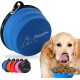 Blaues zusammenklappbares Haustierfuttergeschirr mit schwarzem Rand, mit dem Logo 'Petsation', neben Schalen in Orange, Pink und Schwarz.