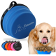 Blaues zusammenklappbares Haustierfuttergeschirr mit schwarzem Rand, mit dem Logo 'Petsation', neben Schalen in Orange, Pink und Schwarz.