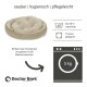 Hundebett von Doctor Bark, beige, maschinenwaschbar bis 60°C, trocknergeeignet, geeignet für Hunde bis 5 kg. Text auf Deutsch.