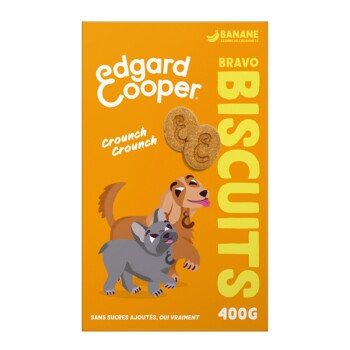 Emballage des biscuits Edgard Cooper Bravo présentant un chien joueur et un chat, avec le texte "Crouch Crouch" et "400G" sur un fond orange.