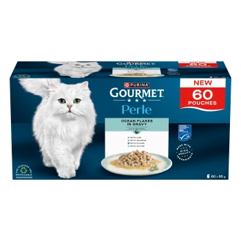 Purina Gourmet Perle cat food box with white long-haired cat, ocean flakes in gravy, "NEW 60 POUCHES" label.