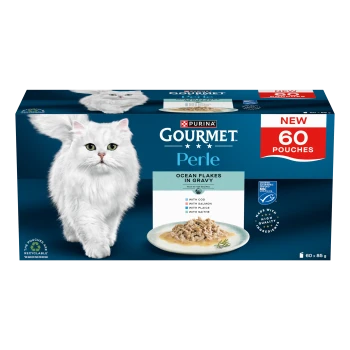 Purina Gourmet Perle cat food box with white long-haired cat, ocean flakes in gravy, "NEW 60 POUCHES" label.