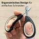 Ergonomische Haustier-Nagelschneider, die in einer Hand gehalten werden, mit einem schwarz-weißen Design und dem Text "Ergonomisches Design für einfaches Schneiden" darüber.