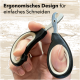 Ergonomische Haustier-Nagelschneider, die in einer Hand gehalten werden, mit einem schwarz-weißen Design und dem Text "Ergonomisches Design für einfaches Schneiden" darüber.