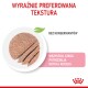 Mokra karma dla kotów na białym talerzu, pokrojona, aby ujawnić teksturę, z tekstem o preferowanej teksturze i braku konserwantów dla kotów i kociąt.