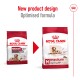 Royal Canin dog food packaging comparison showing new design and optimized formula for medium dogs aged 10+, featuring a dog image.