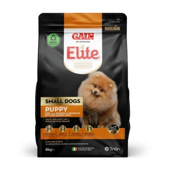 Gain Elite Complete Dog Nutrition for small dogs, 6kg bag with a fluffy Pomeranian puppy. Highlights: "Puppy," "Chicken & Rice," and benefits.