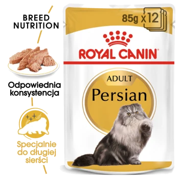Opakowanie karmy dla dorosłych kotów perskich Royal Canin, z puszystym kotem perskim, z tekstem podkreślającym odżywianie rasy i odpowiednią konsystencję.