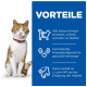 Eine Katze mit verschwommenem Gesicht steht neben einem blauen Panel, das Vorteile für Gesundheit, Vitalität und Unterstützung des Harntrakts auflistet.