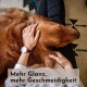 Flasche mit Pawlie's Hundespülung auf einem sprudelnden Hintergrund, mit Text über verbesserte Kämmbarkeit und weicheren Fell, beschriftet mit "Intensive Pflege."