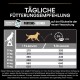 Tägliche Fütterungsempfehlung für Hunde, mit Aktivitätslevel und Futtermenge in Gramm für verschiedene Gewichtsklassen.