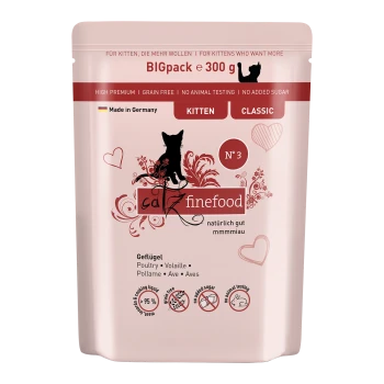 Rosa 300g Catz Finefood Verpackung für Kätzchen, mit einer Katzensilhouette und Text für getreidefrei, ohne Zuckerzusatz, hergestellt in Deutschland.