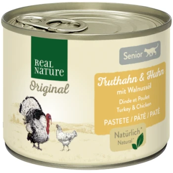 Dosen-Hundefutter mit der Aufschrift "Real Nature Original" für Senioren, mit Truthahn und Huhn in Walnussöl, in Deutsch und Französisch.