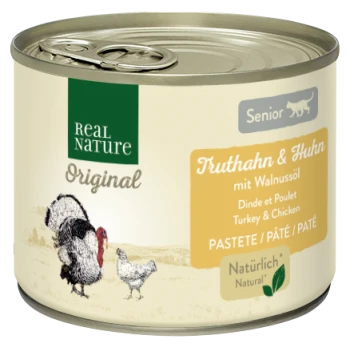 Dosen-Hundefutter mit der Aufschrift "Real Nature Original" für Senioren, mit Truthahn und Huhn in Walnussöl, in Deutsch und Französisch.