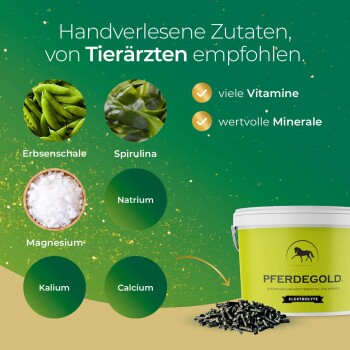 Grünes Bild des "ELEGOLD" Pferdeelektrolytzusatzes, das Vorteile zeigt: 50.000 glückliche Pferde, optimale Versorgung, ideal nach Anstrengung, 100% natürlich.