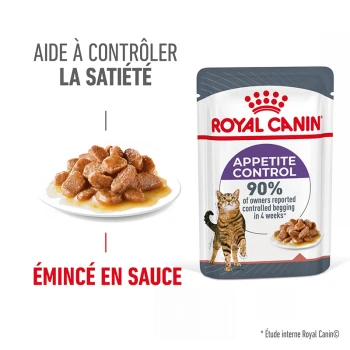 Appetite Control Care 12 x 85 g Poche de nourriture pour chat Royal Canin Appetite Control avec une assiette de nourriture humide pour chat, présentant un texte sur la satiété et une revendication de satisfaction de 90 % des propriétaires.