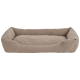 Ein plüschiges, beiges Haustierbett mit erhöhten Seiten und einem weichen, gepolsterten Innenraum, ideal für Hunde oder Katzen, um bequem zu ruhen.