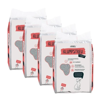 Quatre sacs de 12 kg de litière agglomérante pour chats Primox en gris clair avec un design rose et blanc, promouvant le contrôle des odeurs et une haute absorbance.