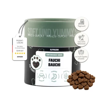 Weiche und schmackhafte Haustiersnacks in einem grünen Behälter mit der Aufschrift "Fauchi Bauch" für Hunde, mit herzförmigen Leckereien und Gesundheitsansprüchen.