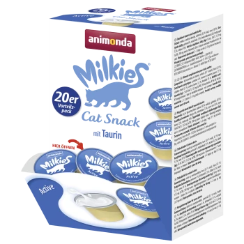 Animonda Milkies Katzensnack-Box, 20er Vorteils-Pack — 'Cat Snack mit Taurin', zeigt blaue Milkies Active Snack-Becher.