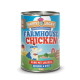 Dose Happy Jacky Hundefutter mit der Aufschrift "Farmhouse Chicken", mit einem Cartoon-Hühnchen und Zutaten: "Huhn mit Wildreis, Brokkoli & Hirse."