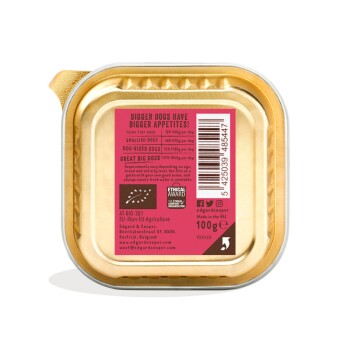Gold pet food tray with pink label reading "BIGGER DOGS HAVE BIGGER APPETITES!", barcode, feeding guide and 100g.