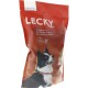 Sac rouge de friandises pour chiens LECKY présentant un chien noir et blanc sur le devant, étiqueté "Gemüse-Bissen" et "VEGI."