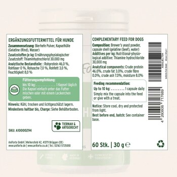 Etikett für Ergänzungsfuttermittel für Hunde — Bierhefe-Kapseln; Fütterung: bis 10 kg, 1 Kapsel täglich; 60 Stk., 30 g.
