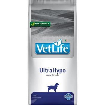 VetLife UltraHypo Hundefutterbeutel, 12 kg, mit einem grünen Etikett, das besagt "Futter für Hunde mit besonderen Ernährungsbedürfnissen."