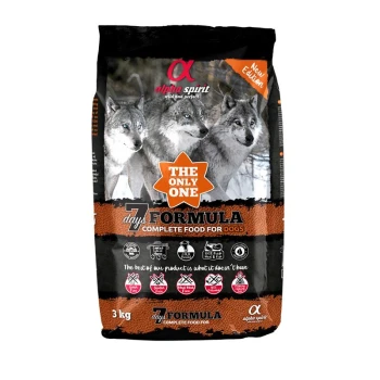 Alpha Spirit 3 kg Hundefutterbeutel mit drei Wölfen, orangefarbener ‚The Only One‘-Stern, Schriftzug ‚7 days FORMULA‘ und ‚Complete Food for Dogs‘