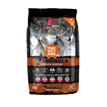 Alpha Spirit 3 kg Hundefutterbeutel mit drei Wölfen, orangefarbener ‚The Only One‘-Stern, Schriftzug ‚7 days FORMULA‘ und ‚Complete Food for Dogs‘
