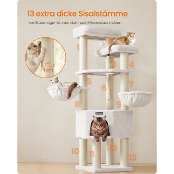 Cremefarbener Kratzbaum mit drei Katzen und 13 orange nummerierten Sisalstämmen; Schriftzug: "13 extra dicke Sisalstämme" und Einblendung: "11 cm"