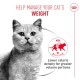 Gray cat left; text 'HELP MANAGE YOUR CAT'S WEIGHT'; 'Lower calorie density for greater volume portions' with KG icon.
