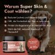 Petstile Super Skin & Coat Hundesupplement-Glas mit aufgelisteten Vorteilen: reduziert Juckreiz, Trockenheit, fördert die Hautregeneration, stärkt das Fell.