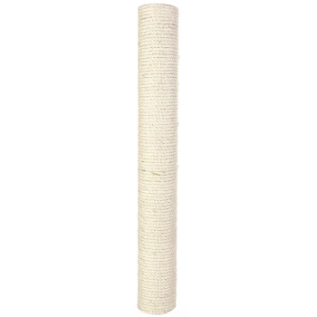 Un grand poteau à gratter pour chat cylindrique recouvert de corde de sisal naturel, conçu pour le grattage et l'escalade féline.