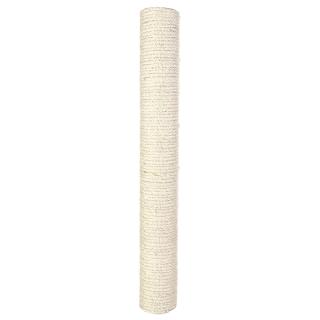 Un grand poteau à gratter pour chat cylindrique recouvert de corde de sisal naturel, conçu pour le grattage et l'escalade féline.