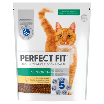 Perfect Fit Senior 11+ cat food bag, rich in chicken, supports whole body health with natural prebiotics and total 5 benefits.