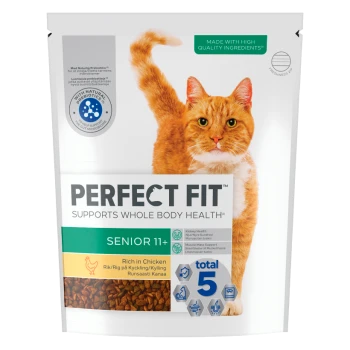 Perfect Fit Senior 11+ cat food bag, rich in chicken, supports whole body health with natural prebiotics and total 5 benefits.