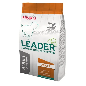 A bag of Leader Natural Dog Nutrition dog food, labeled "ADULT" for dogs up to 8 years, featuring a chicken ingredient, made in Ireland.