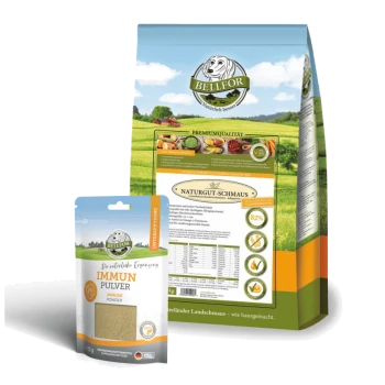 Eine Tüte Bellfor Naturgut-Schmaus Hundefutter und ein Paket Bellfor Immune Powder, mit einem Hintergrund aus grünem Feld und Nährwertinformationen.