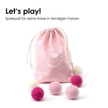 Eine rosa Hello Kitty Zugbeutel umgeben von bunten Filzkugeln und Text: "Lass uns spielen!" und "Spielspaß für deine Katze."