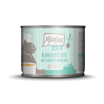 Dosenfutter für Haustiere mit der Aufschrift "Mjamjam an Sobe", das blanchiertes Truthahnfleisch mit köstlichen Karotten zeigt, illustriert mit einer Katze und Kochbildern.