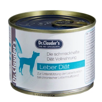Dosenfutter für Hunde von Dr. Clauder's, beschriftet mit 'Leber Diät', das zur Unterstützung der Leberfunktion bei Hunden mit chronischer Leberinsuffizienz entwickelt wurde.