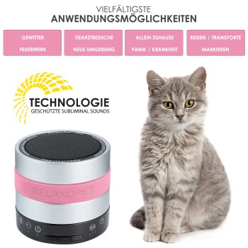Eine flauschige graue Katze sitzt neben einem RelaxoPet-Gerät mit einem pinken Band, das beruhigende Klänge fördert. Der Text oben listet verschiedene Anwendungen auf.