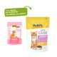 Zwei MultiFit Katzenfutterbeutel: pink 'Junior' mit einem Kätzchen und gelb 'CARE JUNIOR' mit einer orangefarbenen Katze. Beide sind mit Hühnergeschmack.