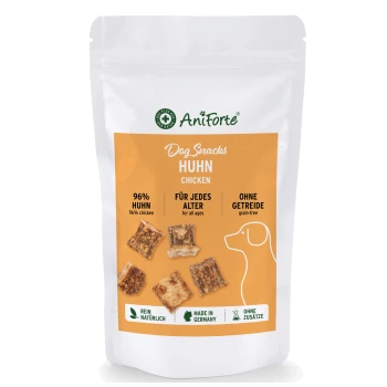 Verpackung von Hundesnacks mit der Marke "AniForte", die "96% Huhn" hervorhebt, geeignet für alle Altersgruppen, getreidefrei, hergestellt in Deutschland.