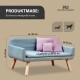 Ein gemütliches Wohnzimmer mit einem hellblauen Haustiersofa mit vier rosa Kissen, einem gewebten Teppich, einem modernen Sessel und einem weißen Kamin.