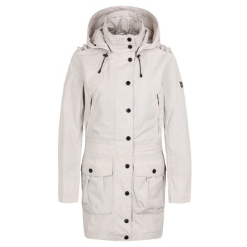 Hellbeige Damenparka mit Kapuze, mit schwarzen Knöpfen, zwei Fronttaschen und dekorativen Schulterriemen.